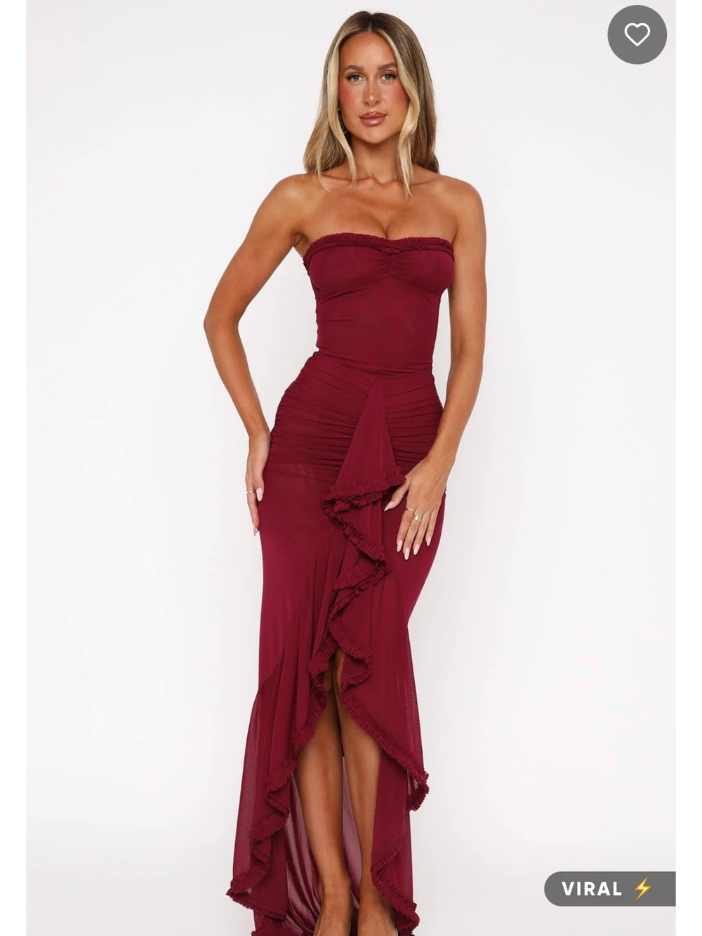 White Fox Boutique Strapless Burgundy Ruffle Gown